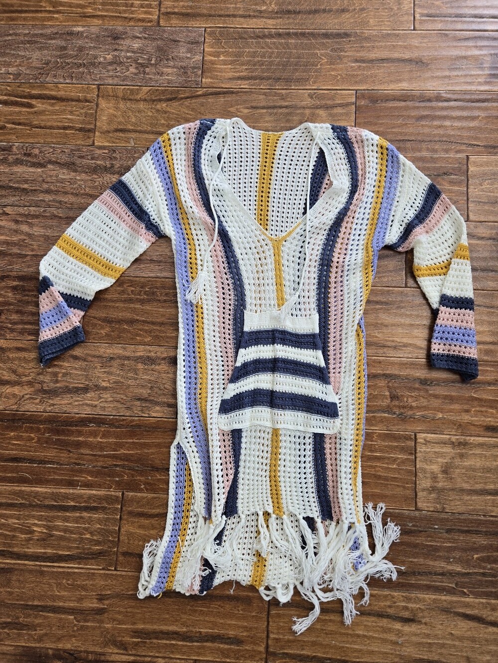 Bathingsuit Coverup Striped Crochet Fringe V-Neck Cream and Multicolor
